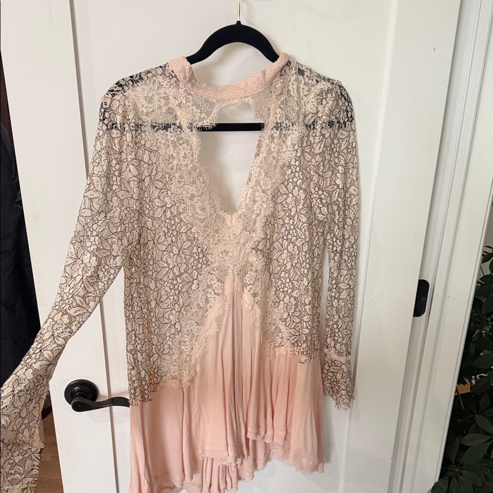 Free People Lace Overlay Top in Cream and Pink